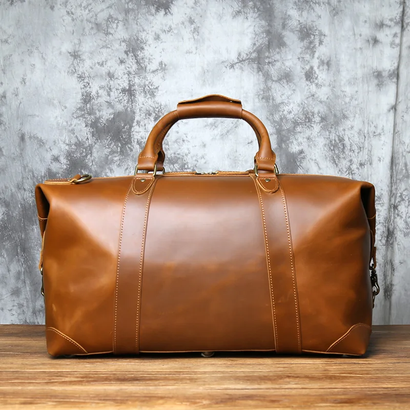 NZPJ Vintage Genuine Leather Men's Travel Bag, Large Capacity Luggage Bag, Crazy Horse Leather Handbag, Natural Cowhide Crossbod