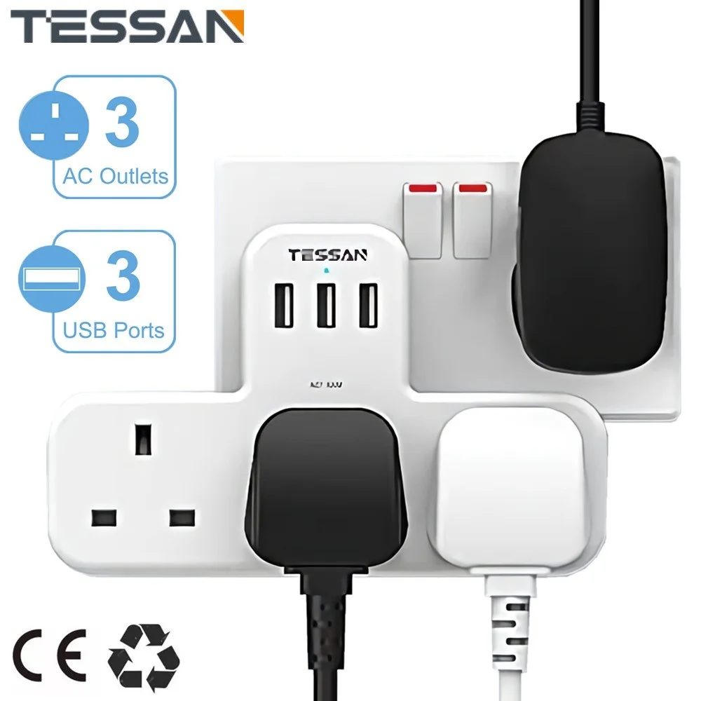 TESSAN UK Multi USB Plug Adapter with 3 AC Outlets 3 USB Charging Ports 13A Fuse Wall Plug Extender Power Strip for Home, Office