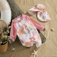 Toddler Girls Boys Beach Wear Kids Swimwear Summer Long Sleeve Floral/Tropical Print Zip Up Bathing Suits with Hat For Swimsuit 1