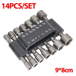 Hexagon Nut Driver & Socket Wrench Set with Drill Bit Adapter - 9/14 Piece Steel Toolkit (14 Set)