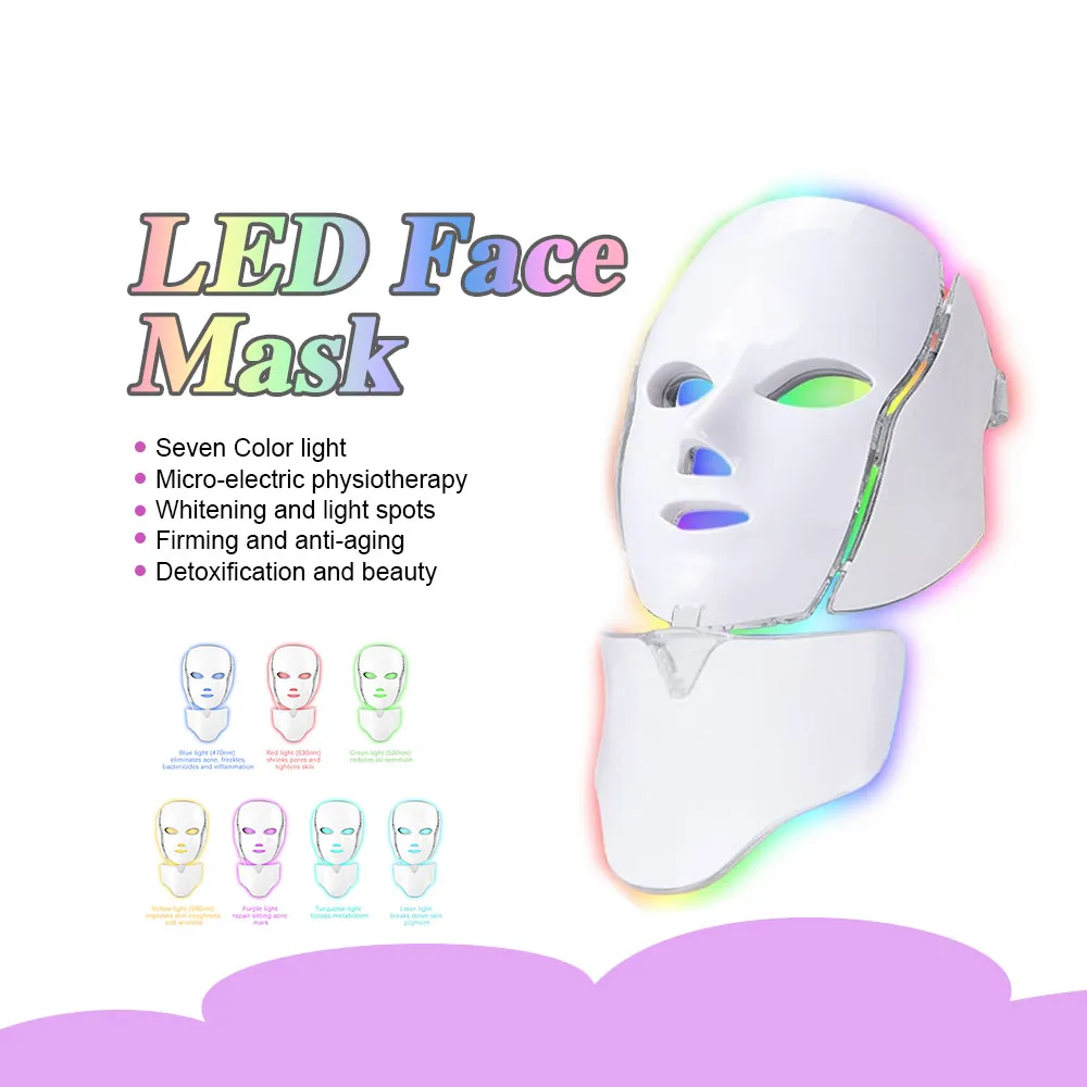 

7 Colors LED Facial Mask with Neck Red Light Therapy Anti Acne Wrinkle Removal Face Whitening Skin Rejuvenation Beauty Machine