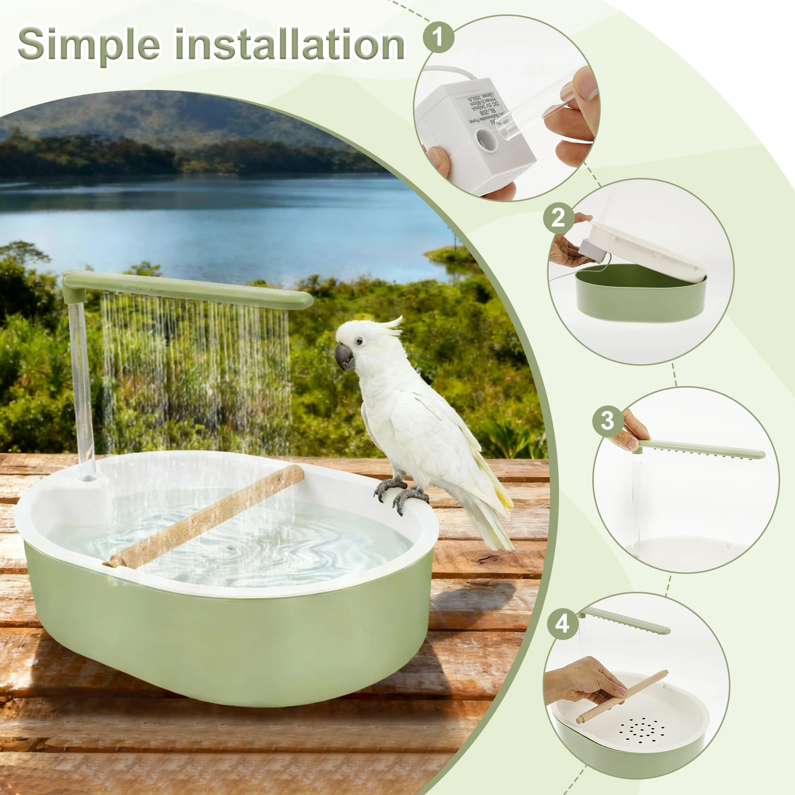 Circulating Water Bird Bathtub USB Electric Automatic Parrot Bathtub Cage Parrot Bird Shower Bath Pet Supplies Accessories Green