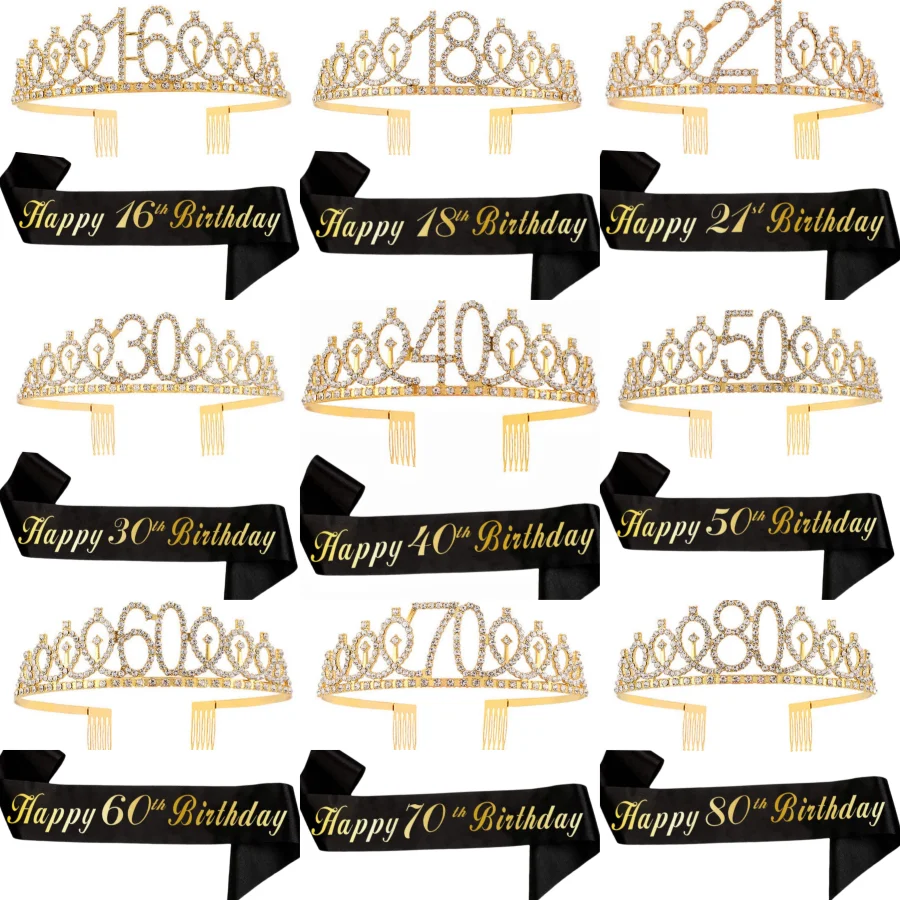 Geburtstags-Tiara Krone Schärpe für Frauen und Mädchen zum 16., 18., 21., 30., 40., 50., 60., 70., 80. Geburtstag, Party-Dekoration und Geschenke