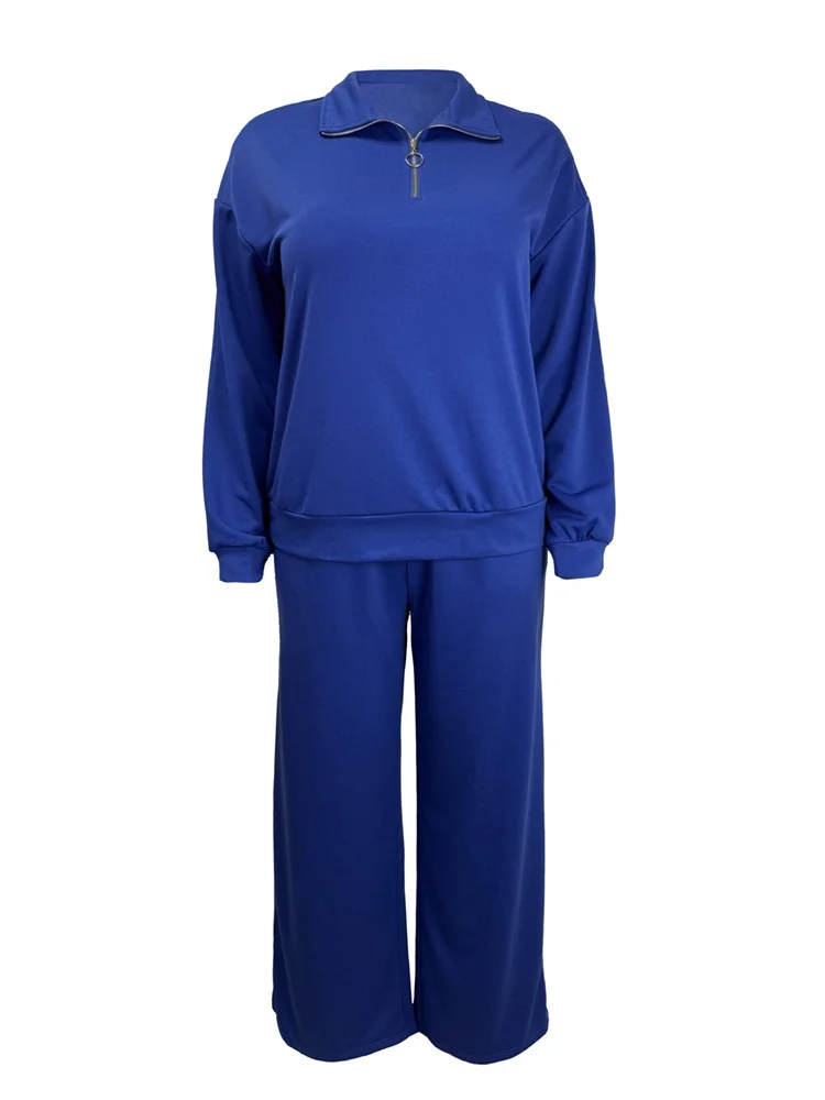 Wmstar Women Pants Sets Wholesale Plus Size Solid Color Suit A Half Zipper Long Sleeve Top with Loose Tightness and Straight Top