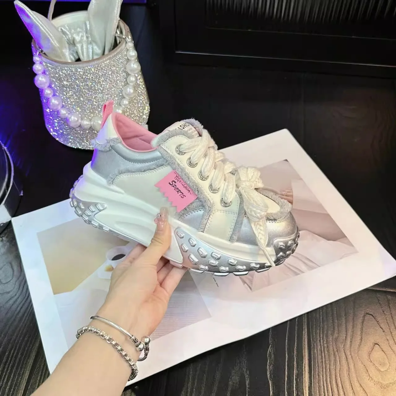 

Women's Casual Sneakers 2023 New Style Platform lace-up Leather Mesh Dad Shoes Woman Running