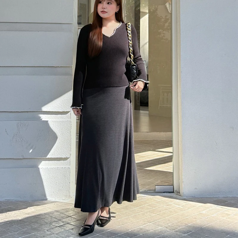 XXXXL Fashion Plus Size Women's Skirt Premium Drape Effect A-line Knitted Simple High Waisted Bottoms For Autumn And Winter 9407