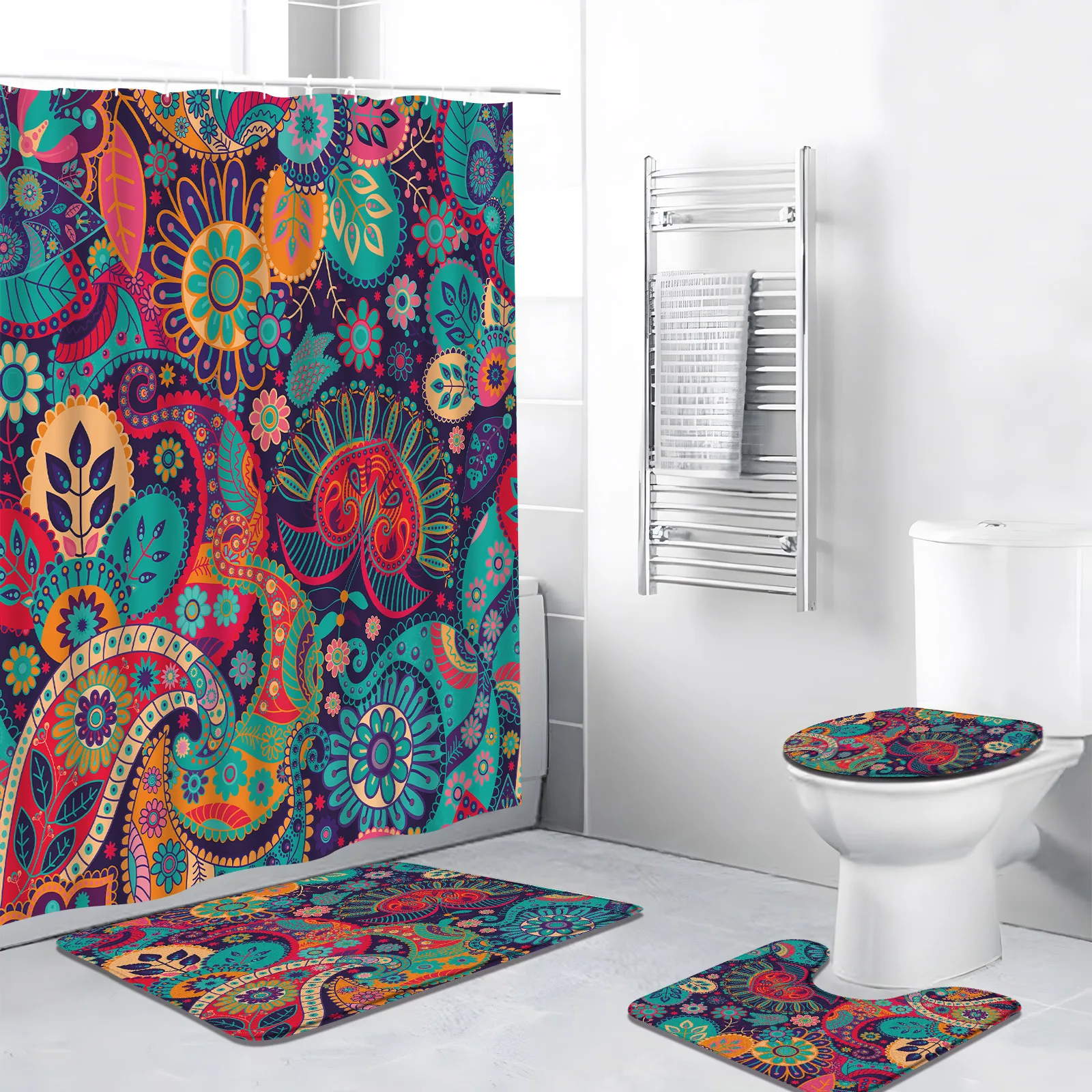 

4pcs/Set Bohemia Shower Curtain India Mandala Flower Plant Leaves Geometric Printed Bathroom Decor Bath Mat Rug Toilet Cover