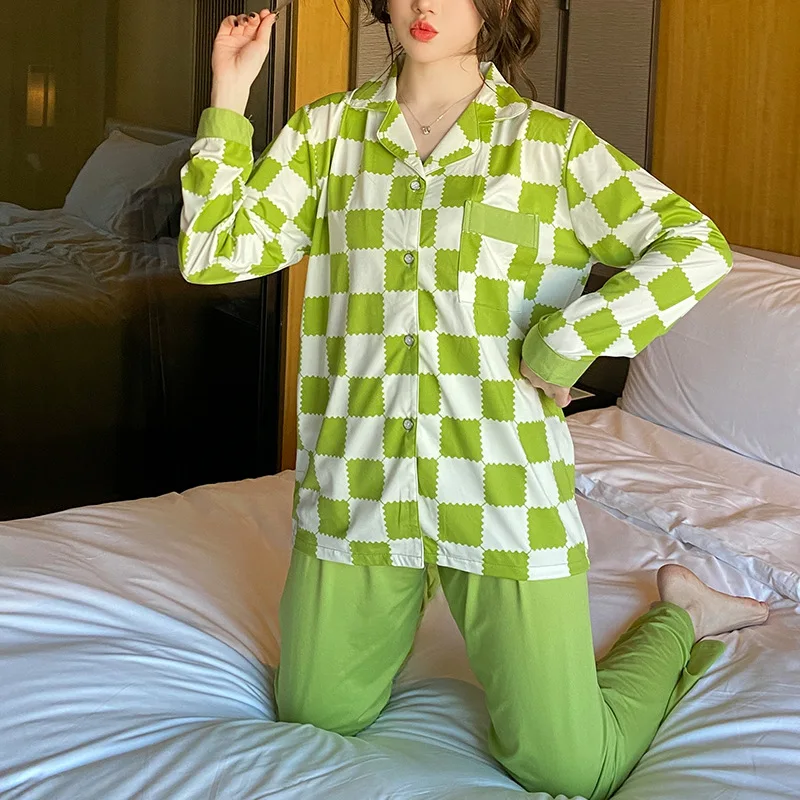 Women 2 Pieces Pajamas Sets Cotton Pijama Plaid Female Pyjama Sleepwear Long Sleeve Lapel Shirt Pants Suit Homewear Loungewear