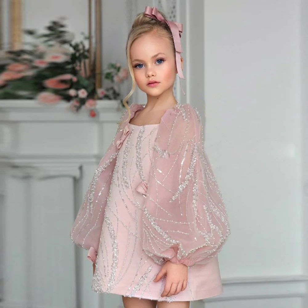 

Wedding Flower Girl Dresses with Long Puff Sleeves Sequined Princess Birthday Party Dresses First Communion Gown