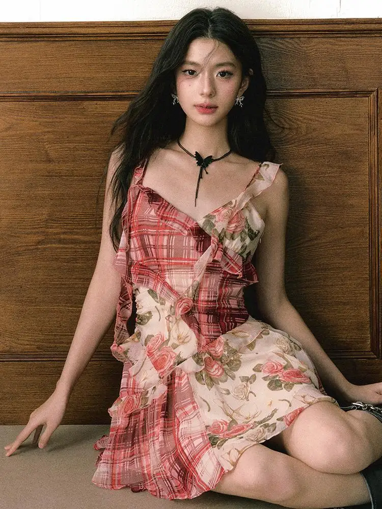 Waistline Asymmetrical Red Plaid Cami Dress Tiered Ruffles with main image 1
