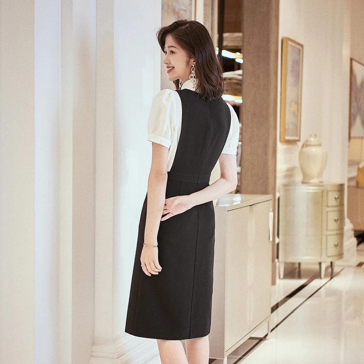 Office Lady Dress Long Sleeve Patchwork Design Dress Two Pieces