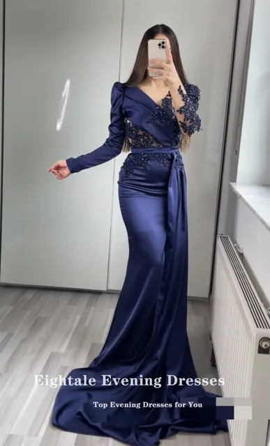 Eightale Blue Evening Dress for Wedding Party Satin Beaded Pearls Long Sleeves Pleats Elegant Mermaid Prom Gowns Celebrity Dress 3