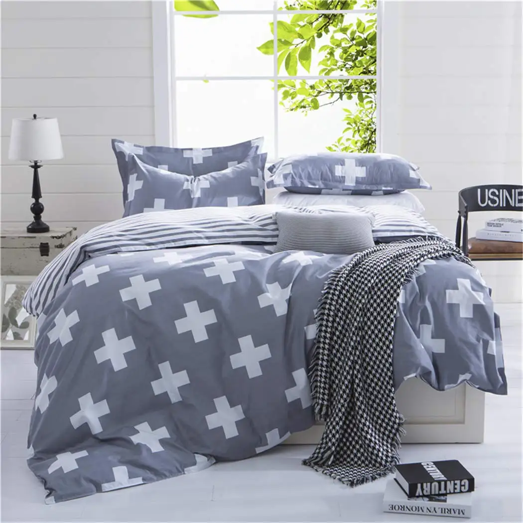 

MWSWL 3 Pieces Bedding Set Duvet Cover Sets Gray White Cross Duvet Cover with 2 Pillow Shams Striped