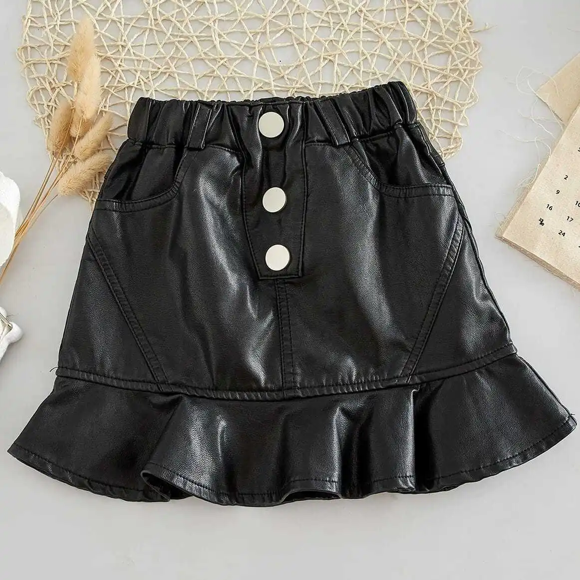 2025 new spring autumn Girls Kids leather PU zipper skirt