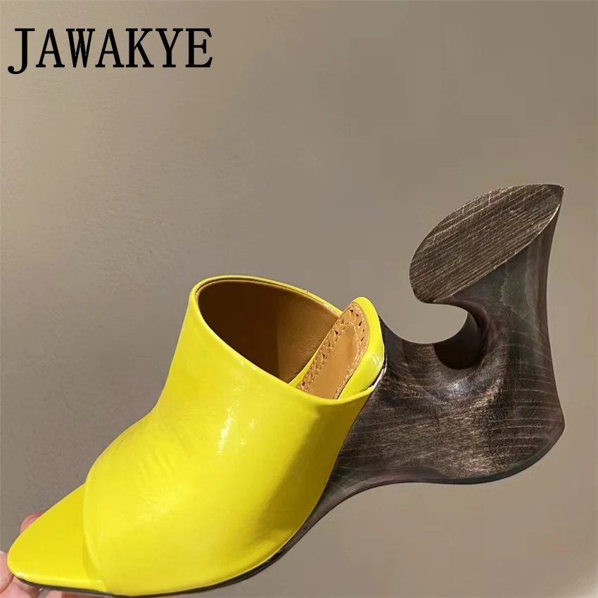 

High Quality Luxury Brand Leather Mules Peep Toe Wood Strange Heel Women Party Pumps Ladies Wedge Sandals Runway Mules For Woman