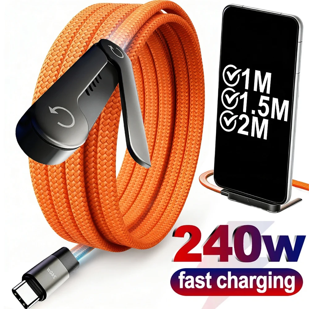 Premium Right Angle USB-C to Type-C 240W High-Speed Charging Cable with Integrated Phone Stand