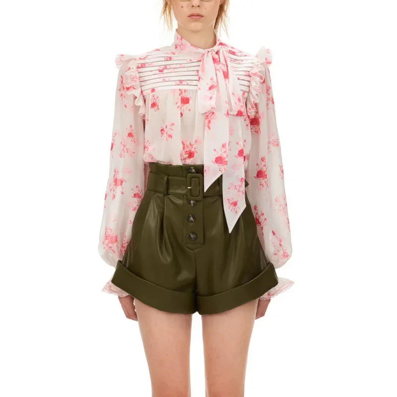 

2023 Spring New Ladies Floral Bow Knot Lantern Long Sleeve Shirt Chiffon