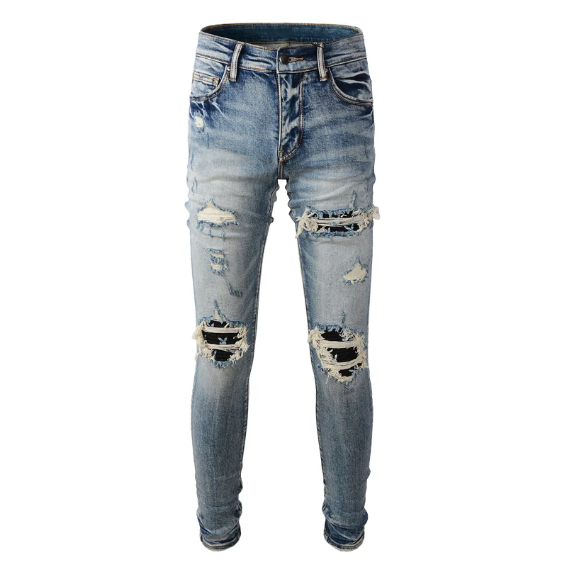 

High Street Fashion Men Jeans Retro Washed Blue Stretch Skinny Fit Ripped Jeans Men Brand Patched Designer Hip Hop Pants Hombre