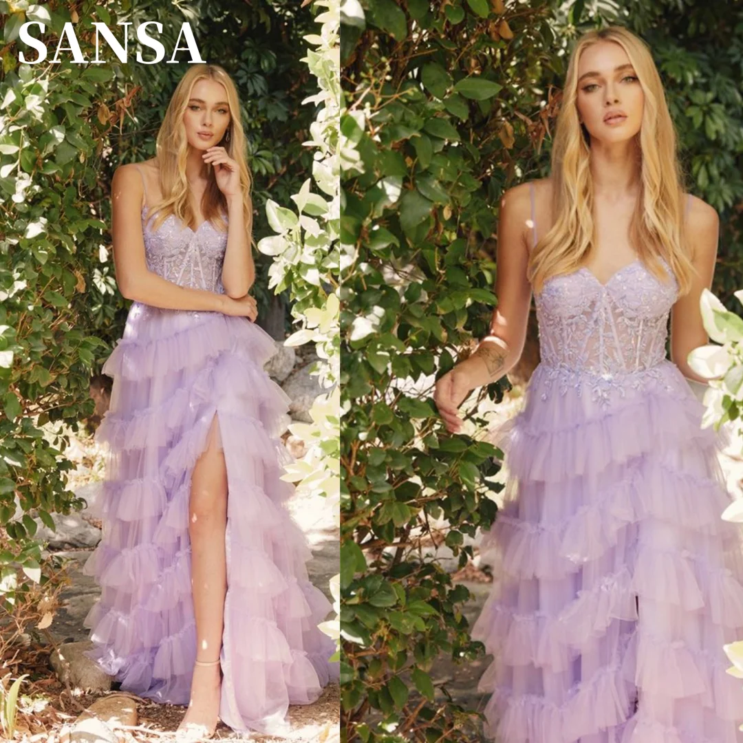 

Sansa Lavender فساتين السهرة Spaghetti Strap Vestidos De Noche Elegant Sleeveless Sexy Side High Split Floor-Length Prom Dresses