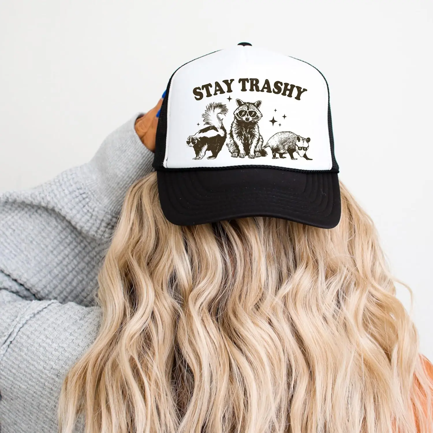 Stay Trashy Funny Raccoon Graphic Classic 5 Panel Mesh Snap Back Trucker Hat 2