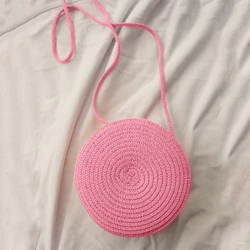 Chic Summer Round Woven Straw Crossbody Bag - Handmade Fashion Rattan Shoulder Handbag (Darkpink)