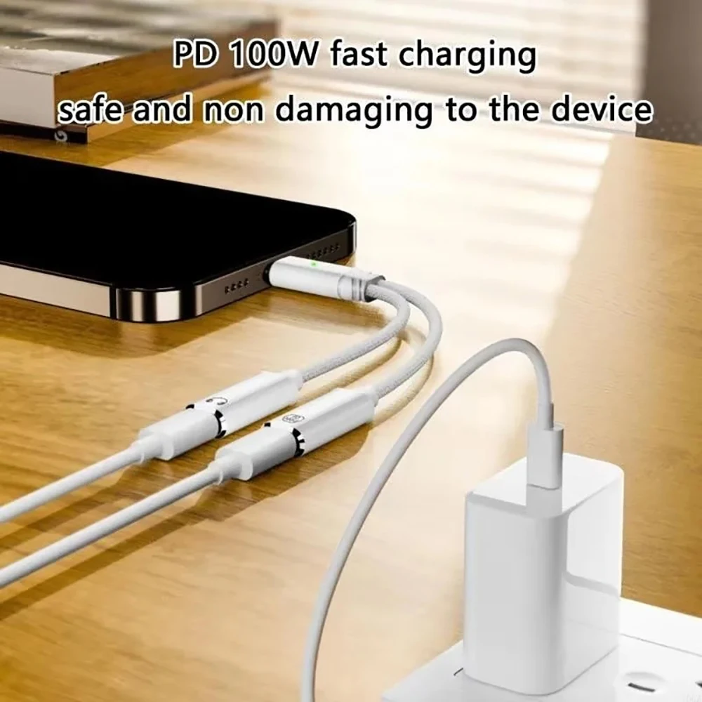 100W PD Fast Charger Cable 2 in 1 USB C Splitter Type USB C Headphones Jack Audio Adapter For Samsung iPhone 16 15 Huawei Xiaomi