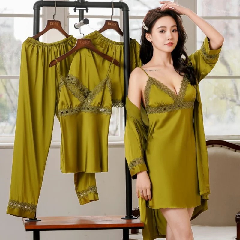 

Lace Satin PATCHWORK Women Nightwear 5PCS Pajamas Suit Long Sleeve Hollow Out Sleep Set Loungewear Pyjamas Intimate Lingerie