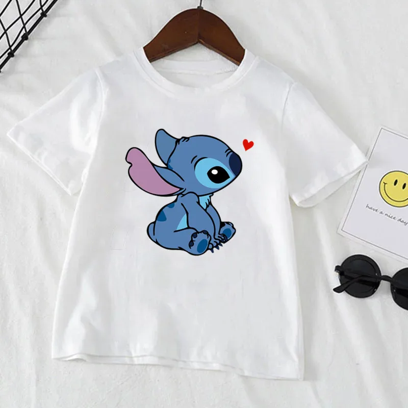Kawaii Disney Stitch Boy Girl Clothes Cartoon T Shirt For Child T-Shirt White Short Sleeve Graphic Kid Tee 4