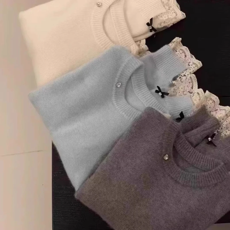 Autumn and Winter New Lace Splicing Women's O Neck Long-sleeved Sweater Women's Elegant Slim-fit Solid-color Pullover Knitwear