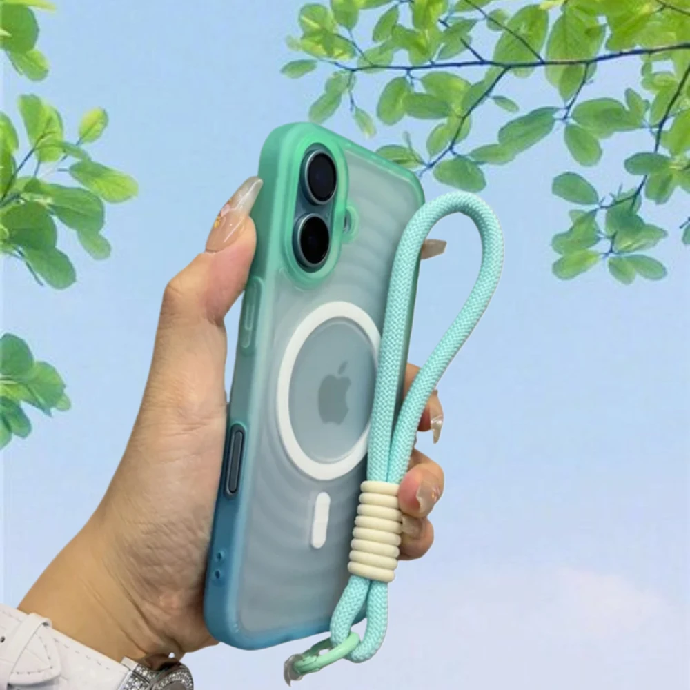 Luxury Gradient Matte Translucent Phone Case with Lanyard - Water Ripple Design