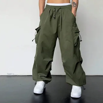 Vintage Men Drawstring Cargo Pants Multi Big Pockets Loose Wide Leg Jogger Trousers Adjustable Ankle Cuff Couple Casual Bottoms