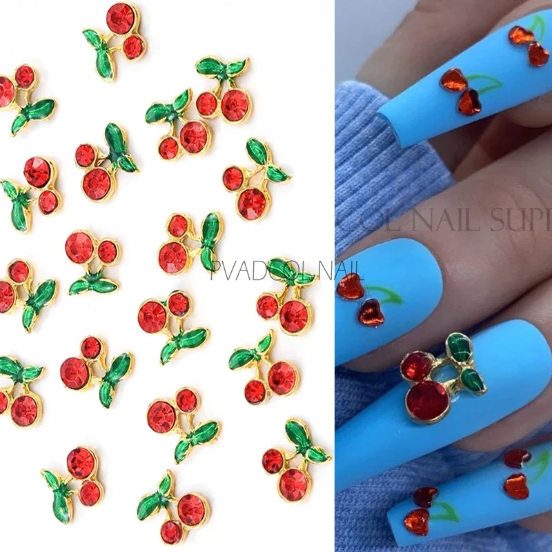 

20pcs Nail Charms Cherry Alloy 3D Red Nails Rhinestones Crystal Cherries Leaves Press On Tips Acrylic Jewelry Accessories