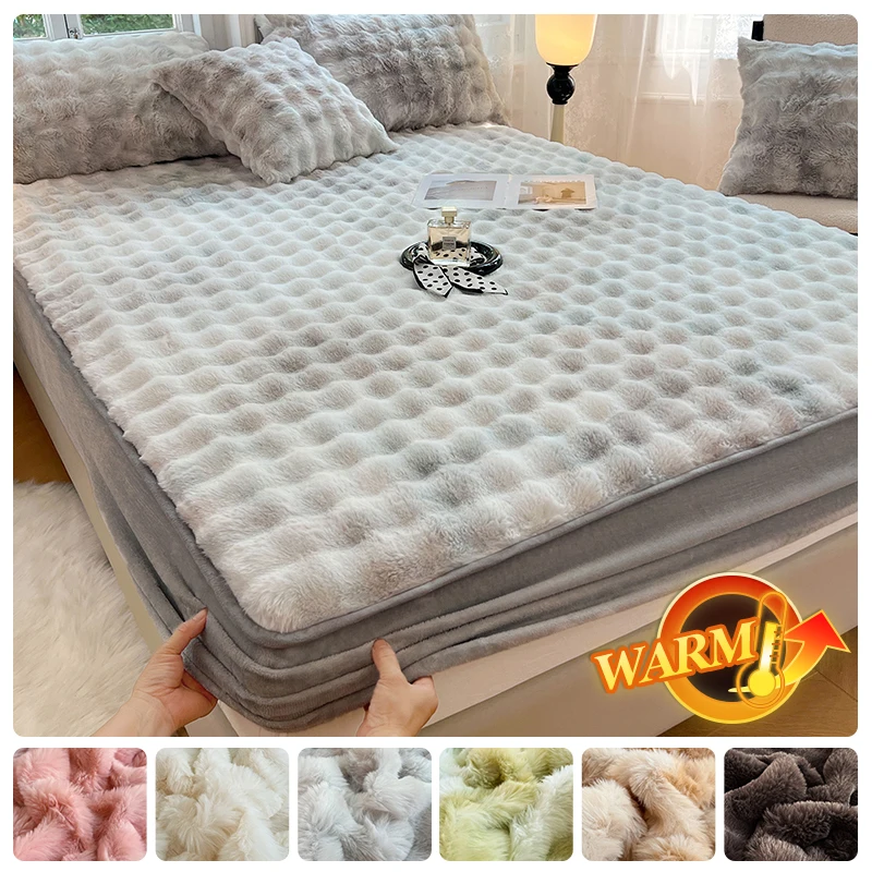 Thicken Velvet Bed Sheet Winter Warm Solid Color Elastic Mattress Covers Super Soft Queen King Bedspread 150/160/180x200cm Decor