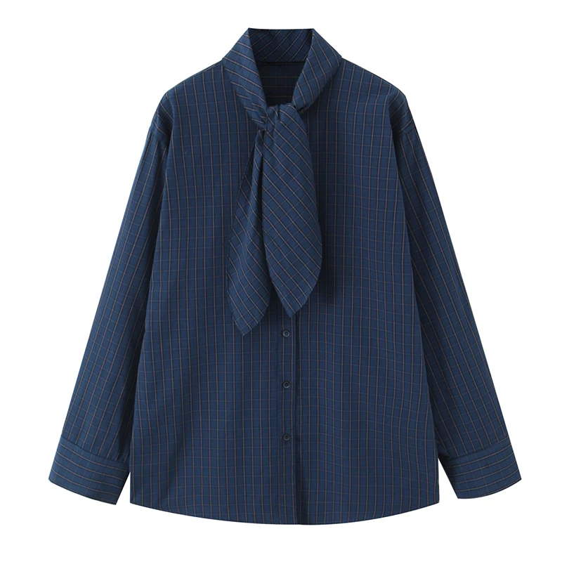 Chic Fashion Check Shirts for Women 2025 New Long Sleeve Scarf Collar Women's Casual Loose Simple Style Shirt And Blouse Tops