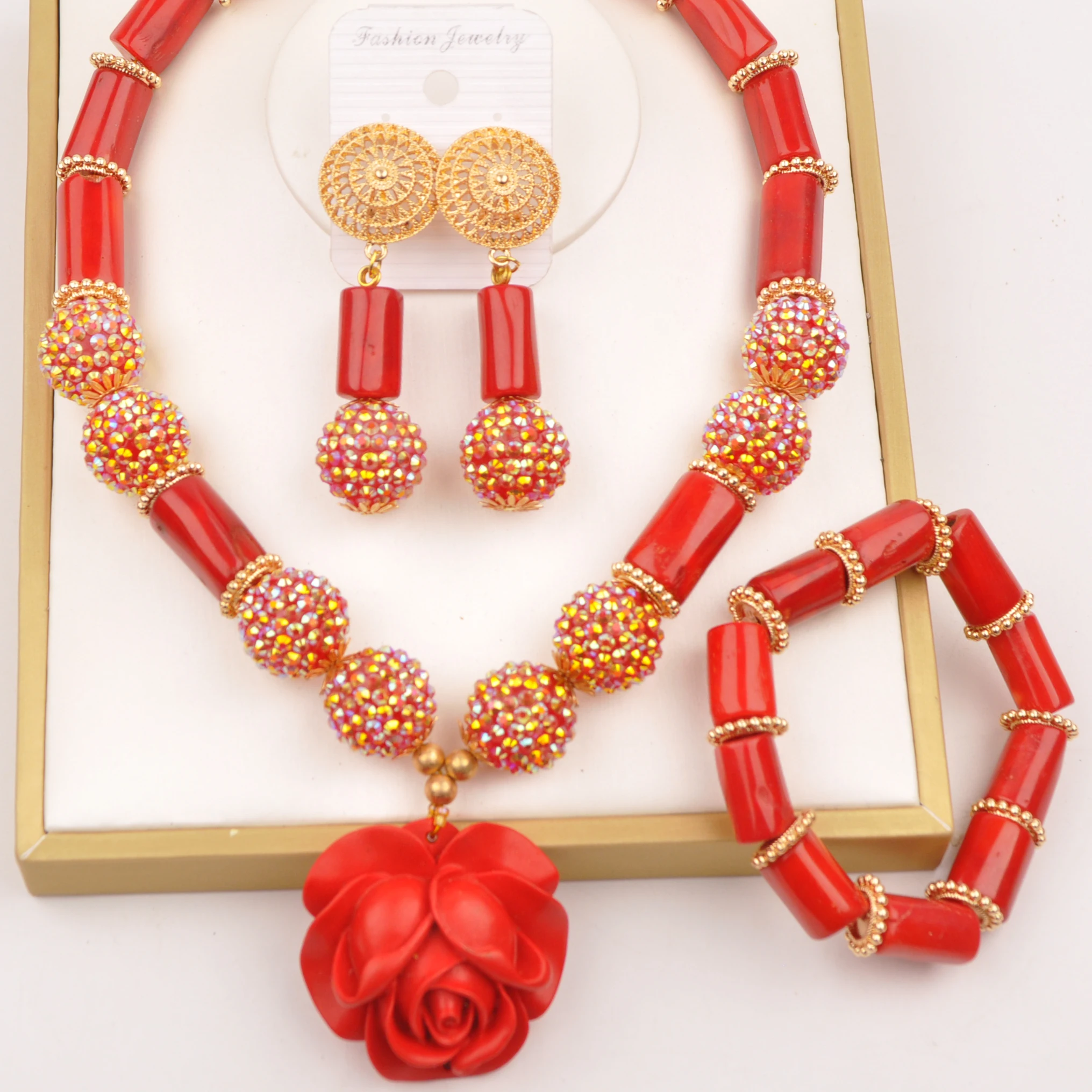 

Nigerian Wedding Red Coral Necklace African Beads Jewelry Set