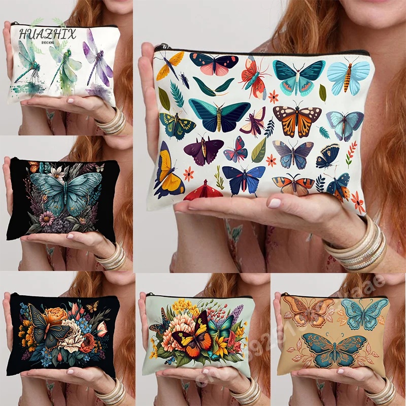 

Butterfly Dragonfly Flower Print Make Up Bag Women Pouch Children Travel Purse Lipstick Makeup Brush Bags Large Capacity Wash