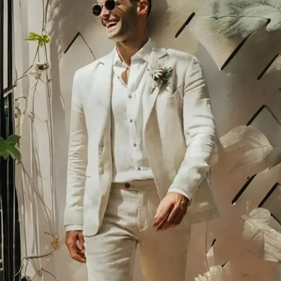Summer Beach Casual Linen Costume Homme Wedding Slim Fit Men Suits Masculino Terno Tuxedo Groom Prom Blazer 2 Pcs Jacket+Pant