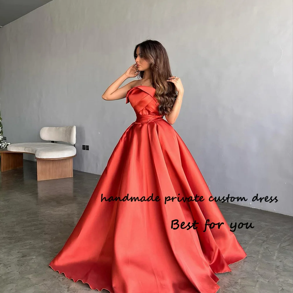 

Coral Satin A Line Strapless Evening Prom Dresses Pleats Long Celebrate Party Dress with Train Arabic Dubai Formal Gowns