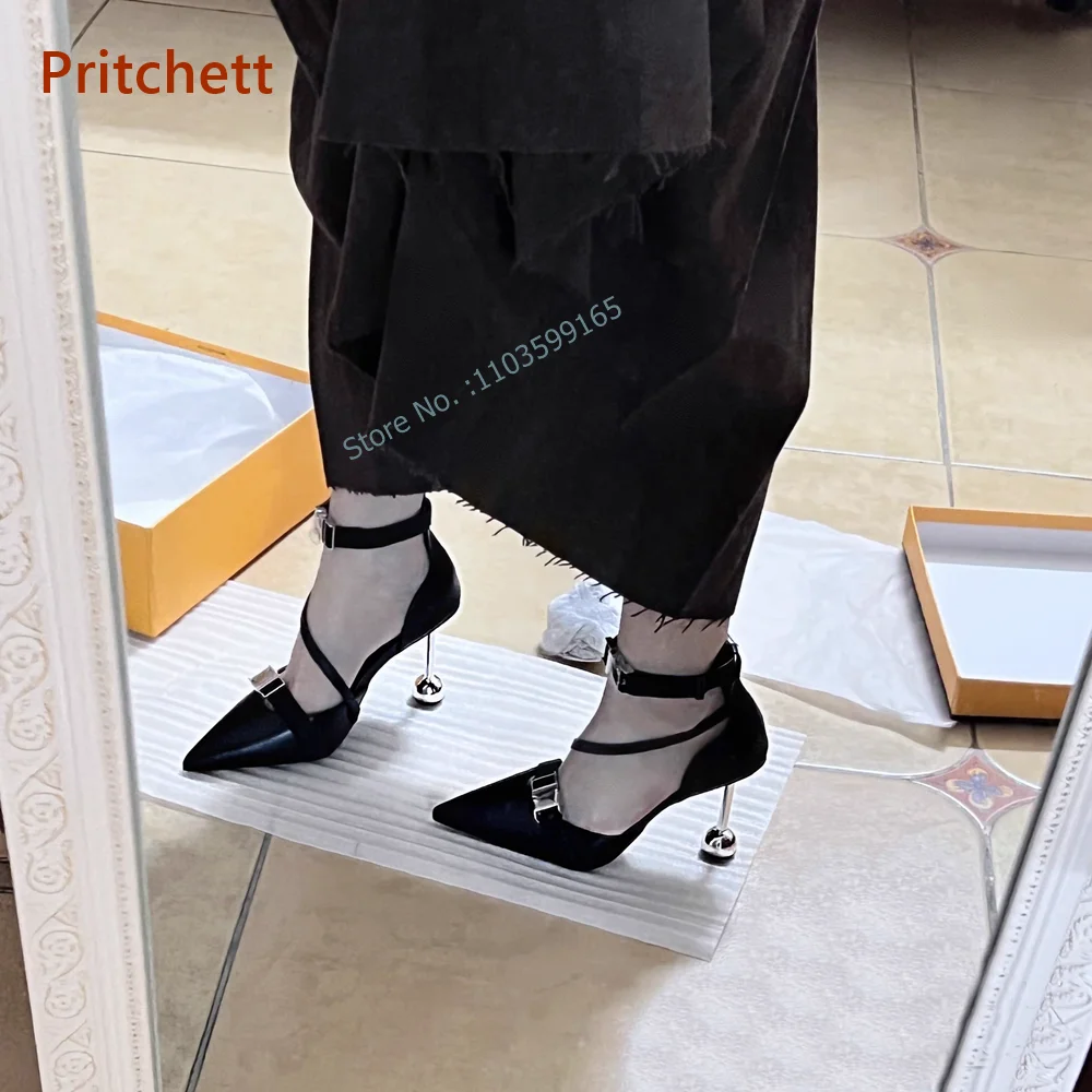 

Solid Metal Ball Heel Sandals Black Pointy Toe Thin Heels Slingback Buckle Strap Shoes Summer Ankle Band Sexy Concise Shoes
