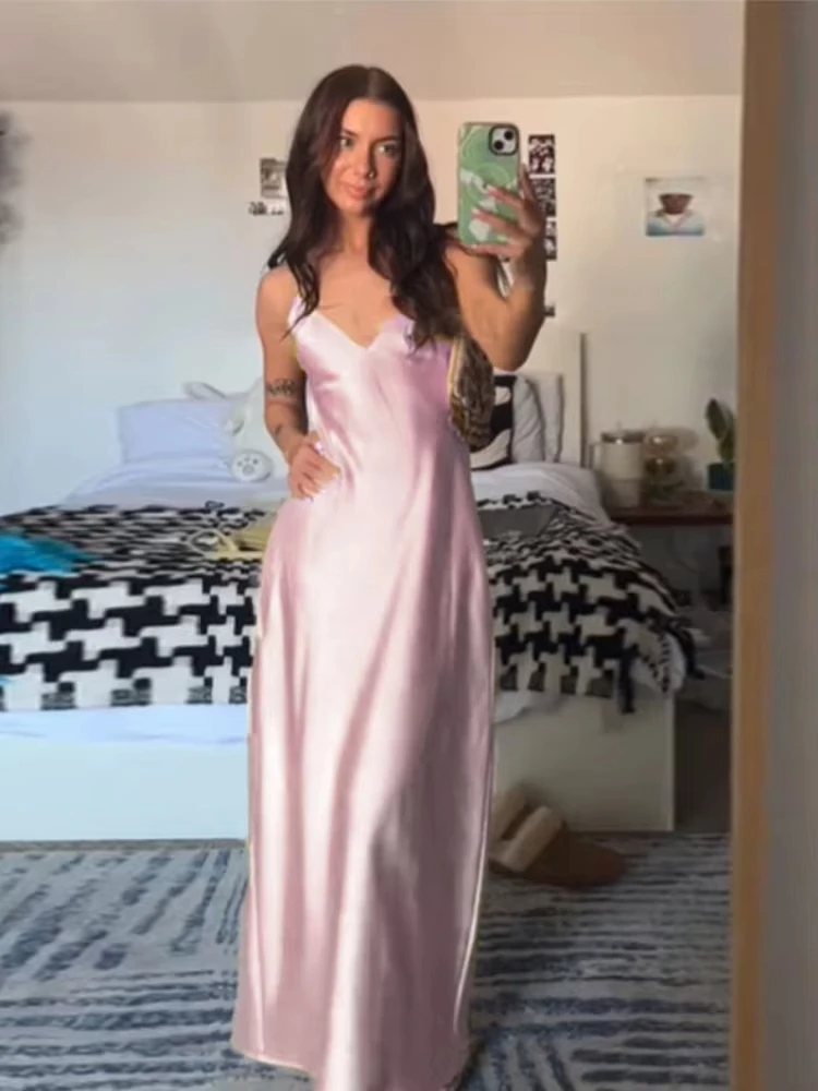 HH Pink Stain Sling Dresses Women Elegant V Neck Sleeveless Backless Slim Long Dress 2025 Summer Lady Party Holiday Dress