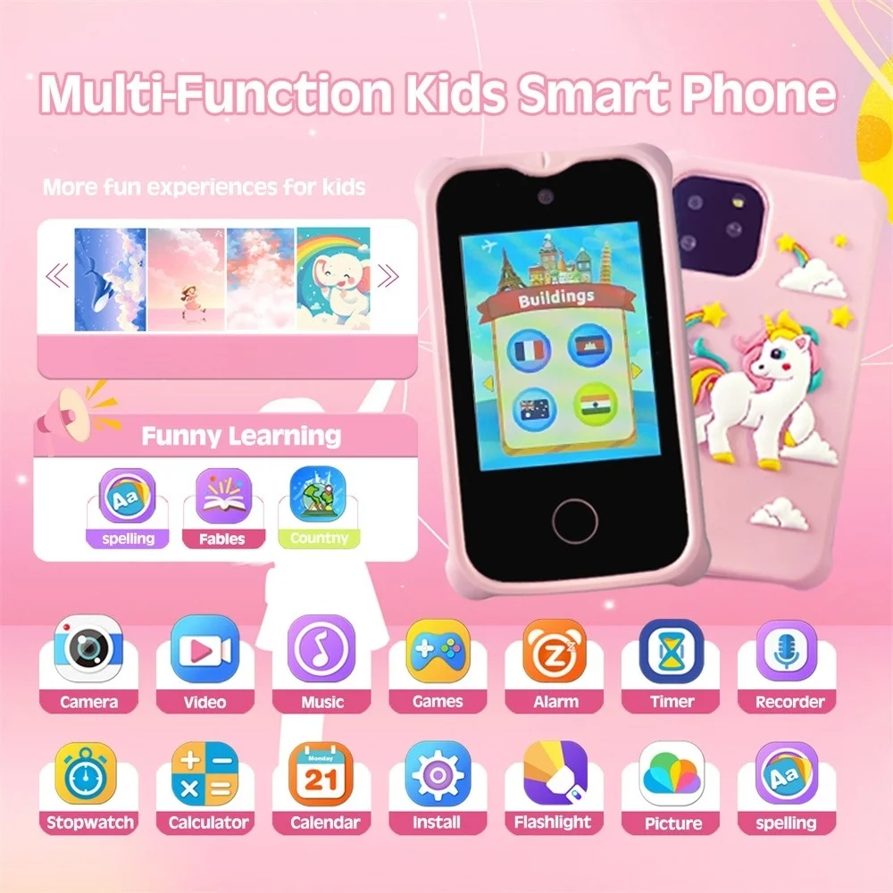 New Kids Smart Phone Toys Unicorn Toddler Play Phone Dual Camera Cell Phone Travel Toy Preschool Learning for Boys Girls Gifts