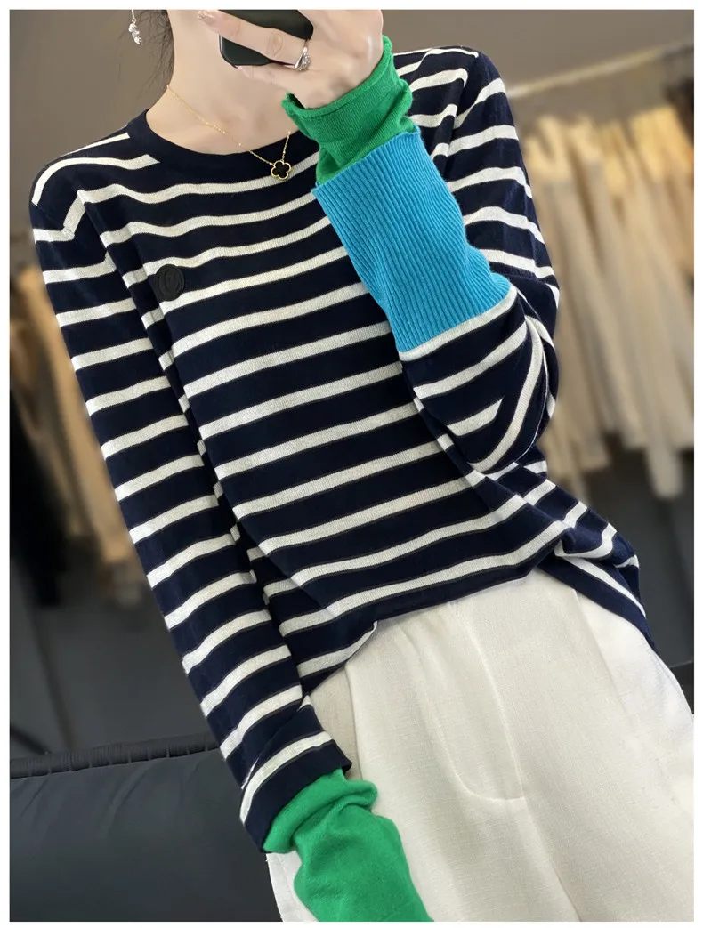 WinvyNee Women's Wool O Neck Long Sleeve Sweaters Striped Color Block Cuff Loose Fashion Spring Basic Knitted Top ZA1047014
