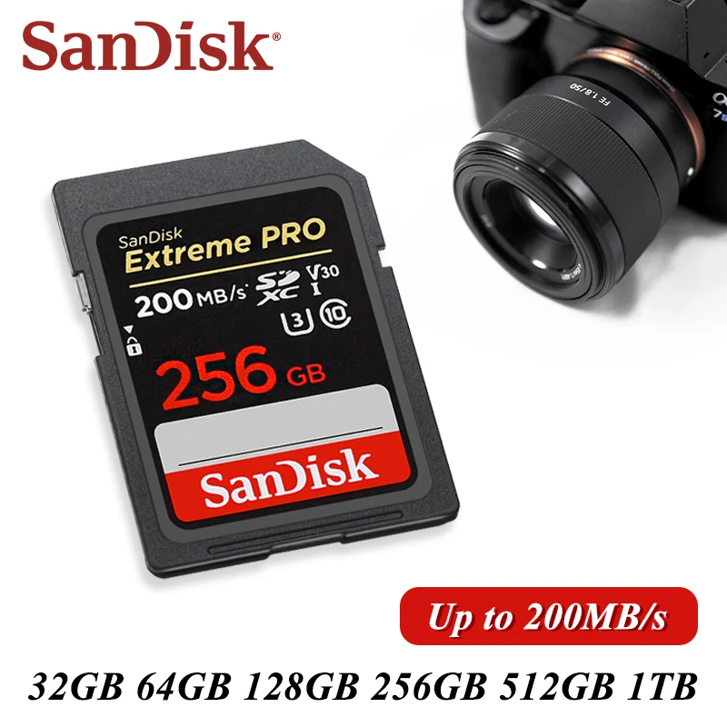100% SanDisk 익스트림 프로 SD 카드, SLR 카메라용, 클래스 10 SDXC 메모리 카드, 128GB, 64GB, 최대 200 MB/s