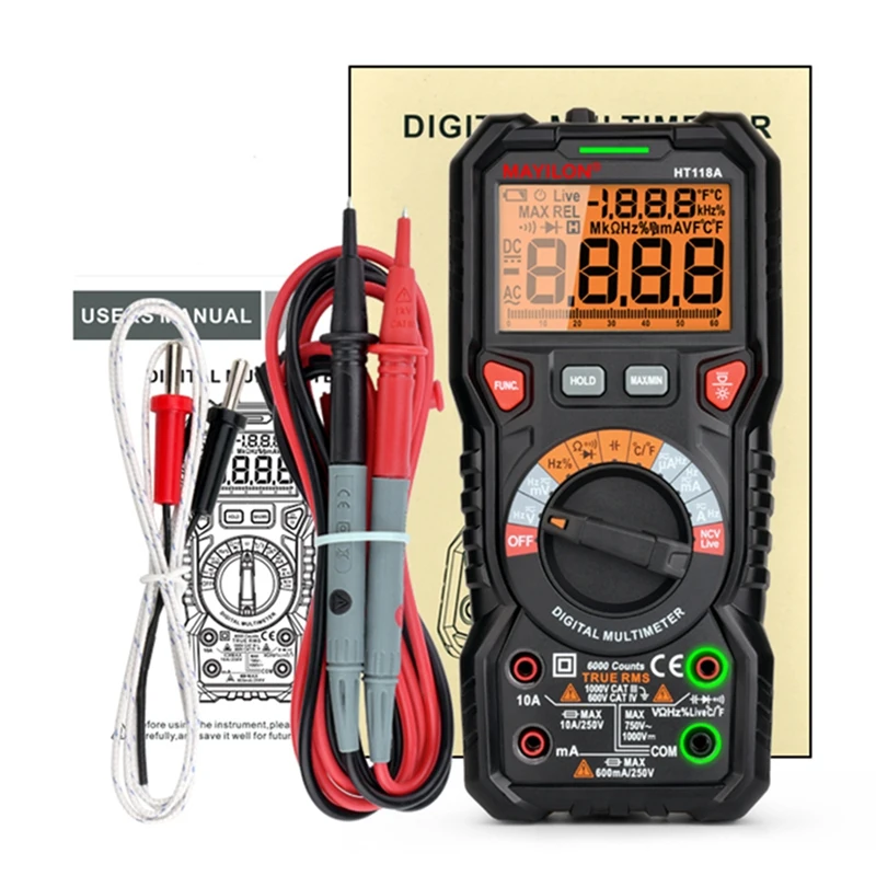 MAYILON 고정밀 디지털 멀티미터 테스터, 자동 범위 NCV Hz Ture RMS AC/DC 6000 카운트, HT118A