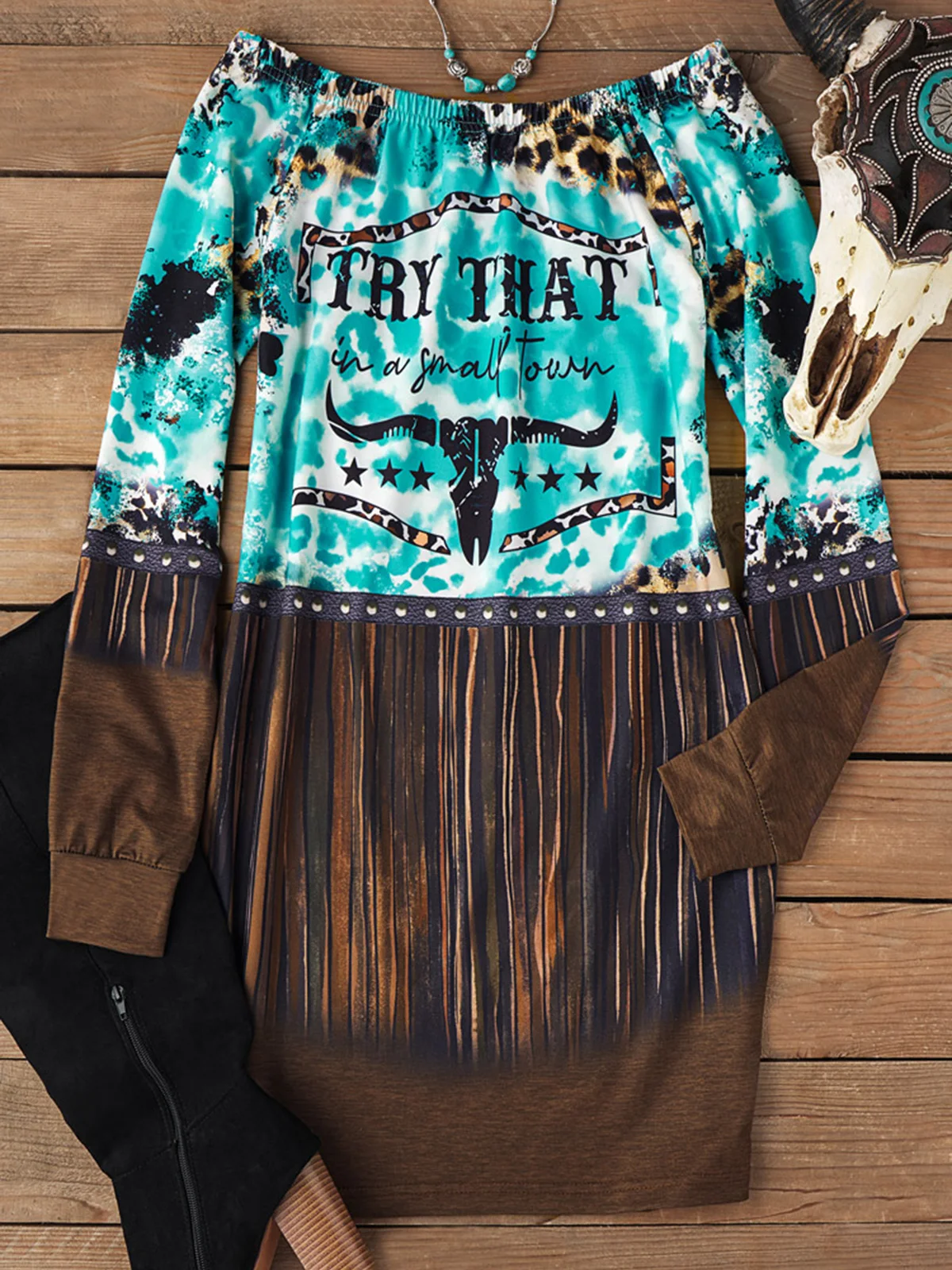 

2023 Autumn Winter Leopard Steer Skull Bleached Fake Tassel Off Shoulder Sweatshirt Dress Elegant Women Casual Y2K Streetwear