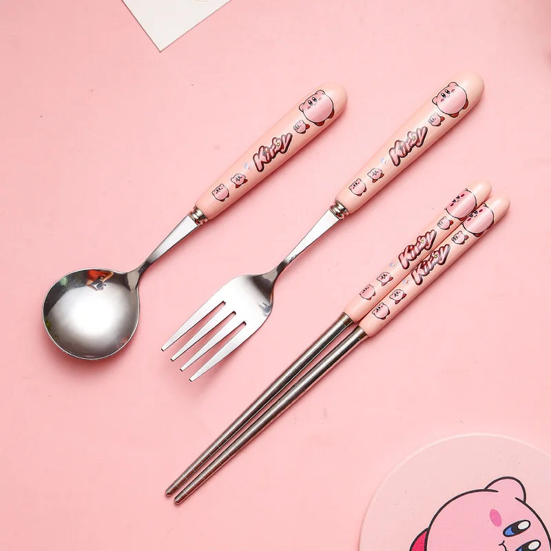 

Cartoon Anime Kirby Ceramic Handle Stainless Steel Chopsticks Spoon Fork Three-Piece Set Kawaii Portable Tableware for Children