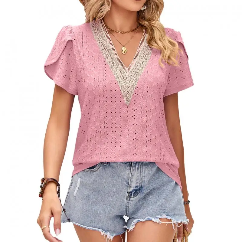 

Women's Spring Summer V-Neck Lace Petal Short Sleeved Loose T-Shirt Simple All-Match Solid Color Top Daily Loose Pullover Female