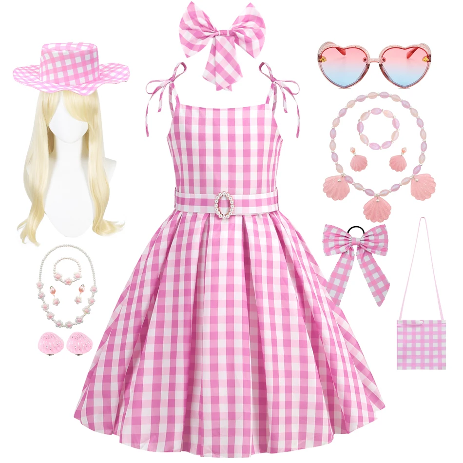 Movie Barbi Girls Princess Costume Cosplay Clothes Bambini Pink Plaid Dress Halloween Carnival Kids Party Wear 2-10 Anni