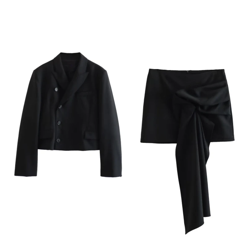 

Woman Fashion Black Asymmetrical Blazer Suit 2023 Spring Female Solid Straight Blazers Sets Ladies Chic Irregular Skirt Suits