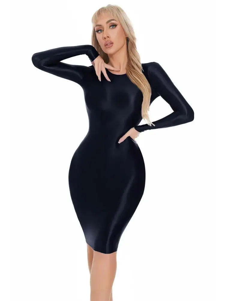 

Long Sleeve Glossy Shiny Midi Dress Tights Package Hip Sexy Vestido Hot Dresses Bodycon Minifalda Clubwear Robe Fantasy Lingerie